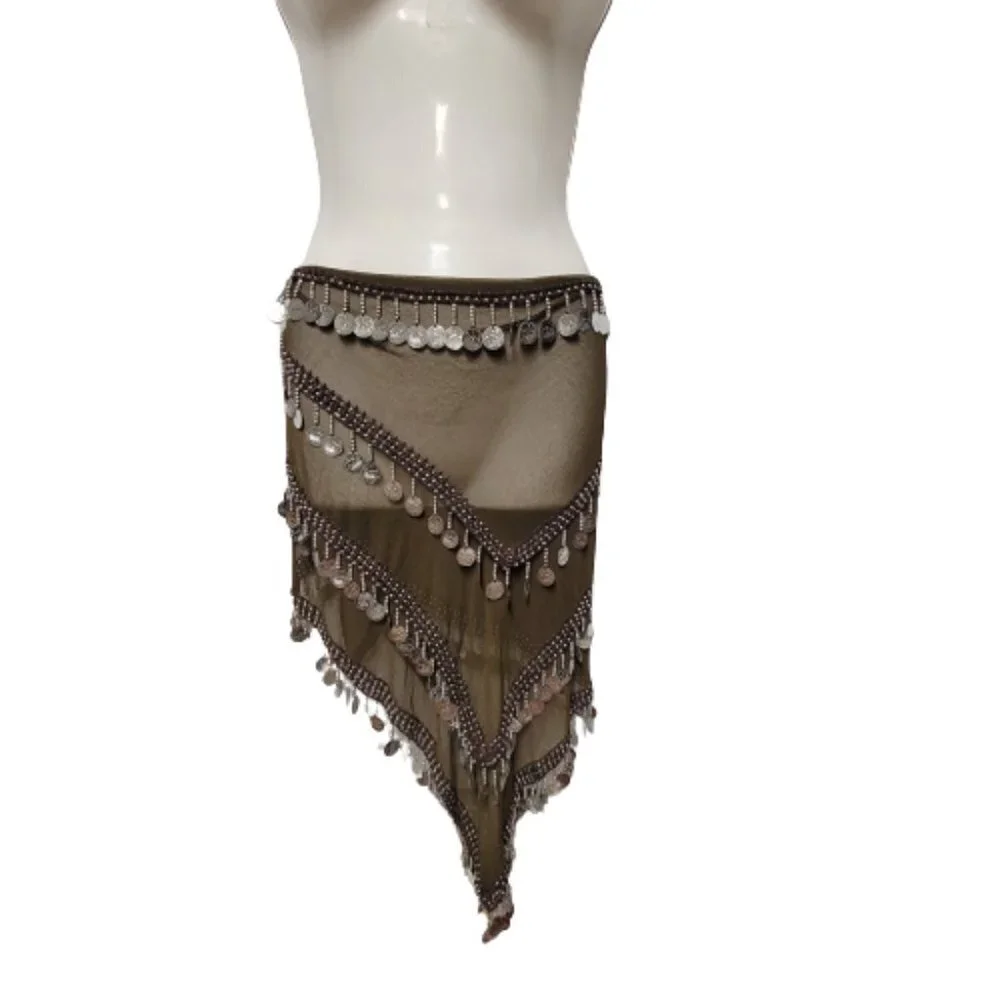 Brown Bellydance Hip Scarf 4 Rows of Coin Tassels Long and Wide Wrap Scarf - Picture 1 of 4